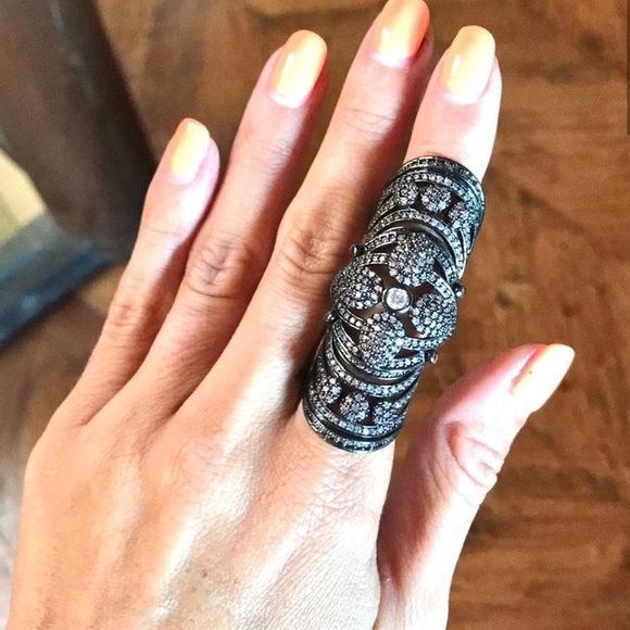 GORGEOUS SILVER GUNMETAL CZ COVERED JOINTED FULL FINGER SHIELD KNUCKLE RING NWT - Picture 2 of 11